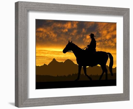 Silhouette Cowboy with Horse in the Sunset-volrab vaclav-Framed Photographic Print