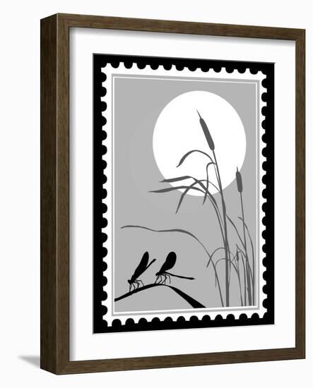 Silhouette Dragonfly On Postage Stamps-basel101658-Framed Art Print