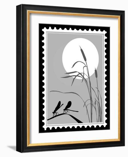 Silhouette Dragonfly On Postage Stamps-basel101658-Framed Art Print