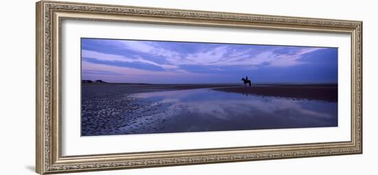 Silhouette of a Horse with Rider on the Beach at Dawn, Camber Sands, Camber, East Sussex, England-null-Framed Photographic Print