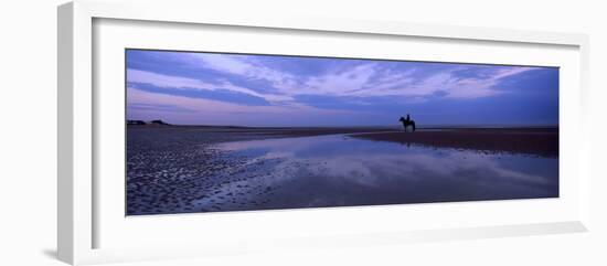 Silhouette of a Horse with Rider on the Beach at Dawn, Camber Sands, Camber, East Sussex, England-null-Framed Photographic Print