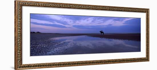 Silhouette of a Horse with Rider on the Beach at Dawn, Camber Sands, Camber, East Sussex, England-null-Framed Photographic Print