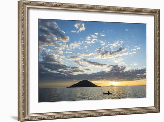 Silhouette of a Man in a Little Fishing Boat at Sunset, Cape Malcear, Lake Malawi, Malawi, Africa-Michael Runkel-Framed Photographic Print