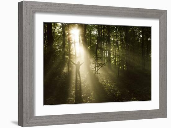 Silhouette of a Man Standing in the Sunrays of a Dark, Misty Forest, Denmark-null-Framed Photographic Print