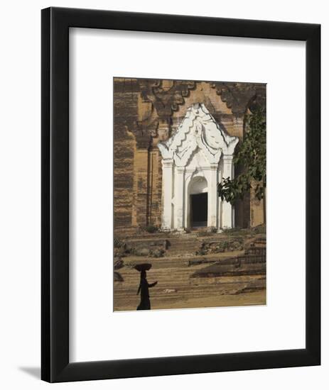 Silhouette of a Woman with Tray on Her Head Walking Past Stupa Entrance, Near Mandalay, Myanmar-Eitan Simanor-Framed Photographic Print