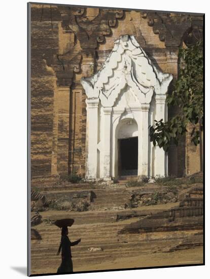 Silhouette of a Woman with Tray on Her Head Walking Past Stupa Entrance, Near Mandalay, Myanmar-Eitan Simanor-Mounted Photographic Print