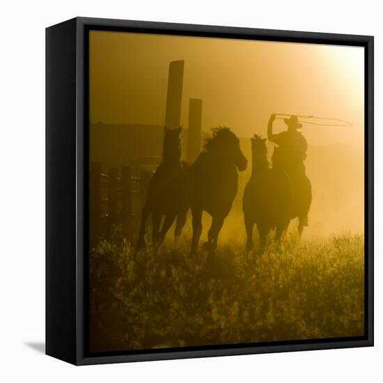 Silhouette of a Wrangler Roping Horses, Ponderosa Ranch, Seneca, Oregon, USA-Wendy Kaveney-Framed Premier Image Canvas