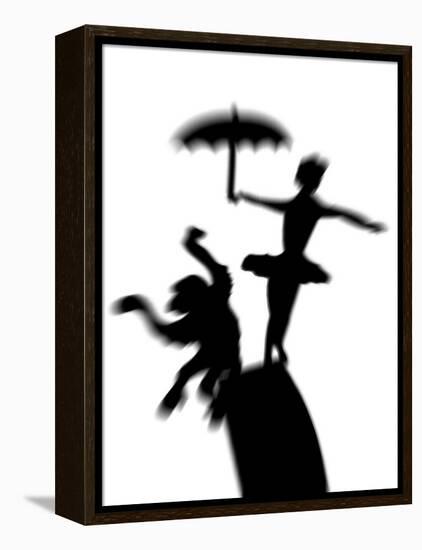 Silhouette of Ballerina Holding Umbrella with Performing Monkey-Winfred Evers-Framed Premier Image Canvas