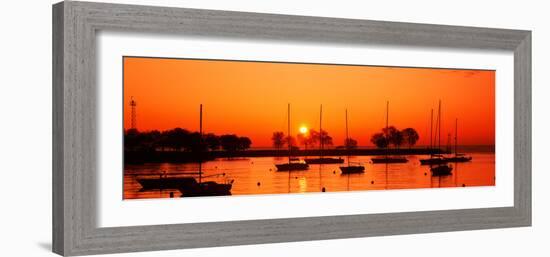 Silhouette of Boats in a Lake, Lake Michigan, Great Lakes, Michigan, USA-null-Framed Photographic Print