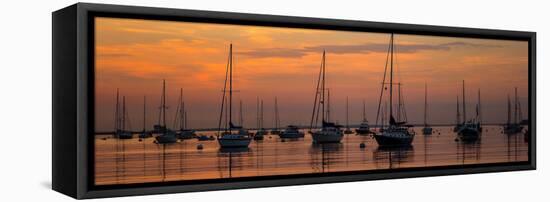 Silhouette of boats in Atlantic ocean at dusk, Rockland Harbor, Rockland, Knox County, Maine, USA-null-Framed Premier Image Canvas