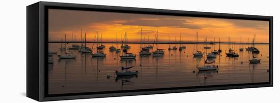 Silhouette of boats in Atlantic ocean at dusk, Rockland Harbor, Rockland, Knox County, Maine, USA-null-Framed Premier Image Canvas