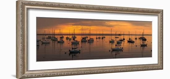 Silhouette of boats in Atlantic ocean at dusk, Rockland Harbor, Rockland, Knox County, Maine, USA-null-Framed Photographic Print