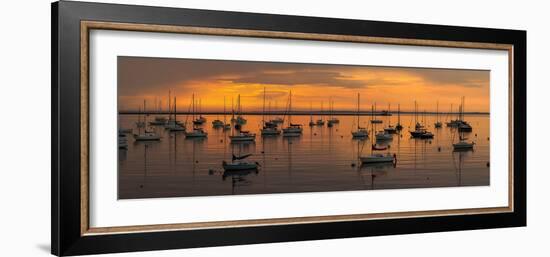 Silhouette of boats in Atlantic ocean at dusk, Rockland Harbor, Rockland, Knox County, Maine, USA-null-Framed Photographic Print