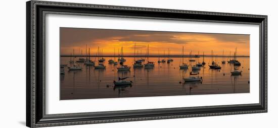 Silhouette of boats in Atlantic ocean at dusk, Rockland Harbor, Rockland, Knox County, Maine, USA-null-Framed Photographic Print