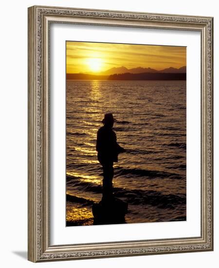 Silhouette of Fisherman at Lincoln Park, Seattle, Washington, USA-William Sutton-Framed Photographic Print