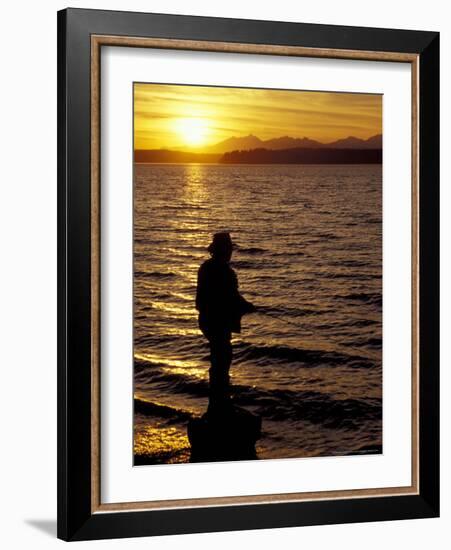 Silhouette of Fisherman at Lincoln Park, Seattle, Washington, USA-William Sutton-Framed Photographic Print