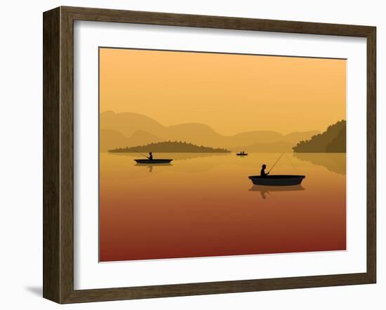 Silhouette of Fishermen in a Boat with Fishing Rods in the Water. Landscape with Mountains, Forest-S_Veresk-Framed Art Print