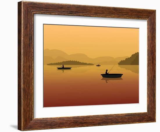 Silhouette of Fishermen in a Boat with Fishing Rods in the Water. Landscape with Mountains, Forest-S_Veresk-Framed Art Print