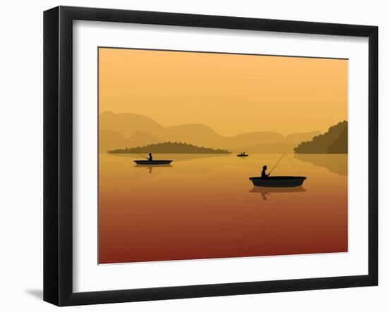 Silhouette of Fishermen in a Boat with Fishing Rods in the Water. Landscape with Mountains, Forest-S_Veresk-Framed Art Print