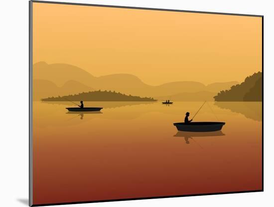 Silhouette of Fishermen in a Boat with Fishing Rods in the Water. Landscape with Mountains, Forest-S_Veresk-Mounted Art Print