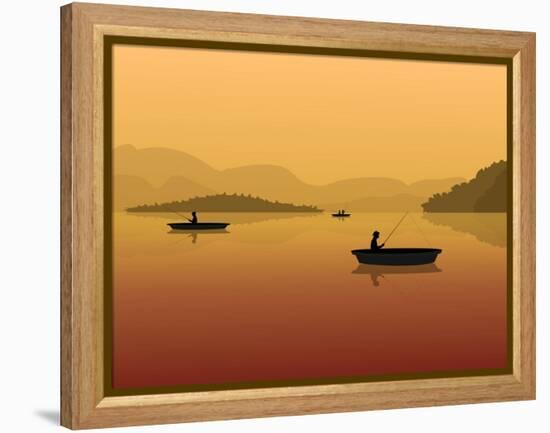 Silhouette of Fishermen in a Boat with Fishing Rods in the Water. Landscape with Mountains, Forest-S_Veresk-Framed Stretched Canvas