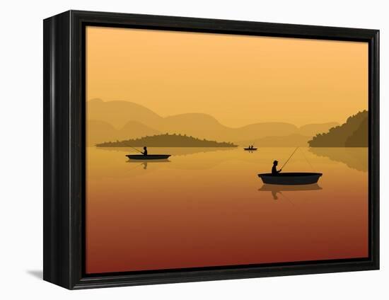 Silhouette of Fishermen in a Boat with Fishing Rods in the Water. Landscape with Mountains, Forest-S_Veresk-Framed Stretched Canvas