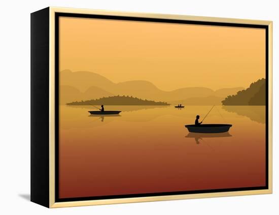 Silhouette of Fishermen in a Boat with Fishing Rods in the Water. Landscape with Mountains, Forest-S_Veresk-Framed Stretched Canvas