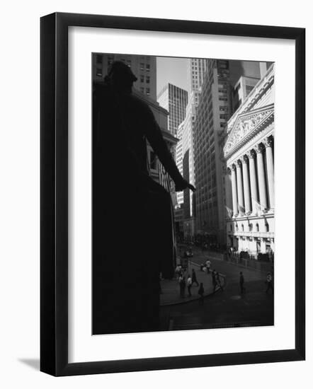 Silhouette of George Washington Statue in Front of a Financial Building-null-Framed Photographic Print