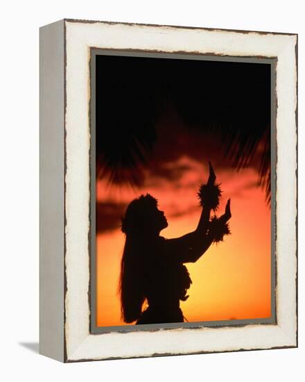 Silhouette of Hula Dancer on Waikiki Beach at Sunset, Waikiki, U.S.A.-Ann Cecil-Framed Premier Image Canvas