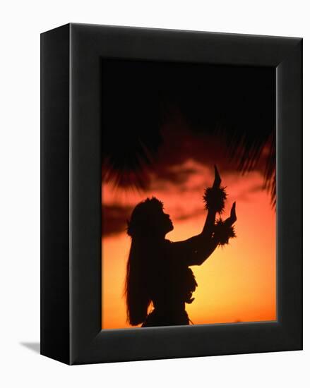 Silhouette of Hula Dancer on Waikiki Beach at Sunset, Waikiki, U.S.A.-Ann Cecil-Framed Premier Image Canvas