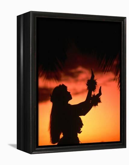 Silhouette of Hula Dancer on Waikiki Beach at Sunset, Waikiki, U.S.A.-Ann Cecil-Framed Premier Image Canvas