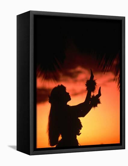 Silhouette of Hula Dancer on Waikiki Beach at Sunset, Waikiki, U.S.A.-Ann Cecil-Framed Premier Image Canvas