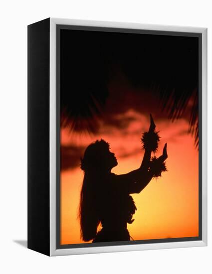 Silhouette of Hula Dancer on Waikiki Beach at Sunset, Waikiki, U.S.A.-Ann Cecil-Framed Premier Image Canvas
