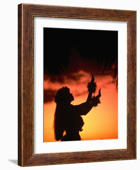 Silhouette of Hula Dancer on Waikiki Beach at Sunset, Waikiki, U.S.A.-Ann Cecil-Framed Photographic Print