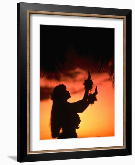 Silhouette of Hula Dancer on Waikiki Beach at Sunset, Waikiki, U.S.A.-Ann Cecil-Framed Photographic Print