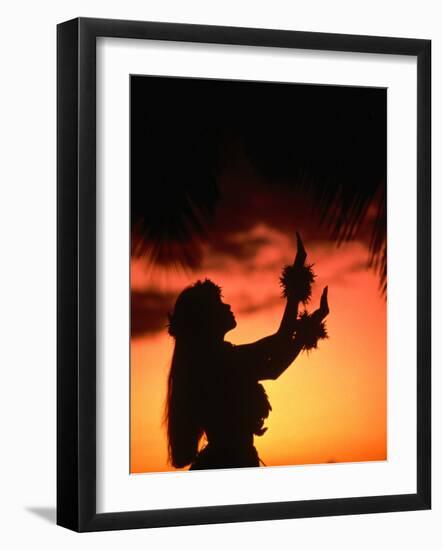 Silhouette of Hula Dancer on Waikiki Beach at Sunset, Waikiki, U.S.A.-Ann Cecil-Framed Photographic Print