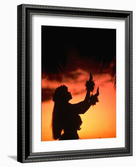 Silhouette of Hula Dancer on Waikiki Beach at Sunset, Waikiki, U.S.A.-Ann Cecil-Framed Photographic Print