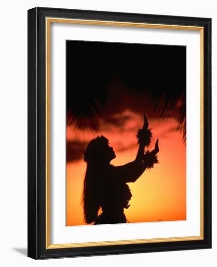 Silhouette of Hula Dancer on Waikiki Beach at Sunset, Waikiki, U.S.A.-Ann Cecil-Framed Photographic Print