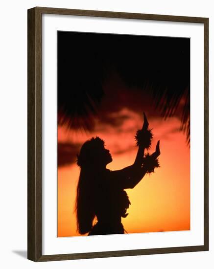 Silhouette of Hula Dancer on Waikiki Beach at Sunset, Waikiki, U.S.A.-Ann Cecil-Framed Photographic Print