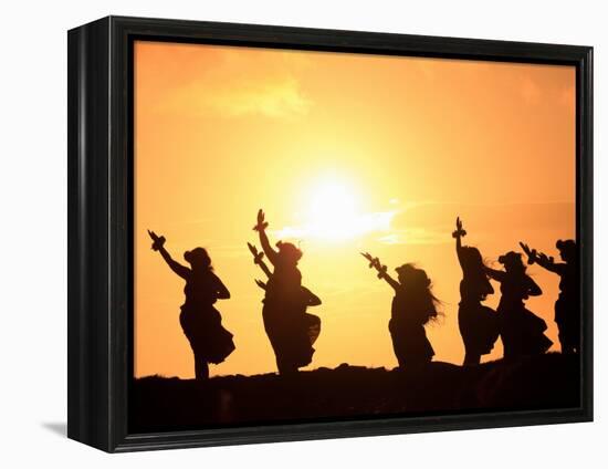 Silhouette of Hula Dancers at Sunrise, Molokai, Hawaii, USA-null-Framed Premier Image Canvas