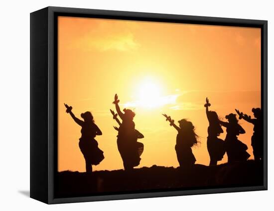 Silhouette of Hula Dancers at Sunrise, Molokai, Hawaii, USA-null-Framed Premier Image Canvas