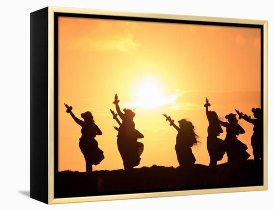 Silhouette of Hula Dancers at Sunrise, Molokai, Hawaii, USA-null-Framed Premier Image Canvas