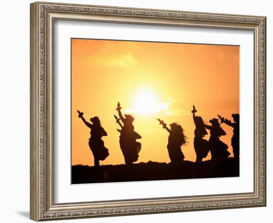 Silhouette of Hula Dancers at Sunrise, Molokai, Hawaii, USA-null-Framed Photographic Print