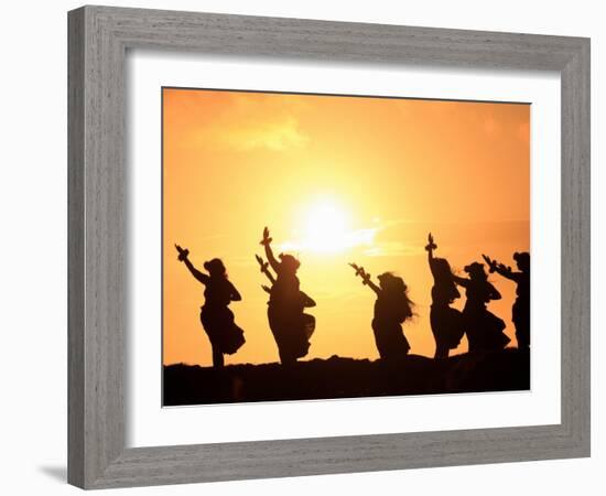Silhouette of Hula Dancers at Sunrise, Molokai, Hawaii, USA-null-Framed Photographic Print