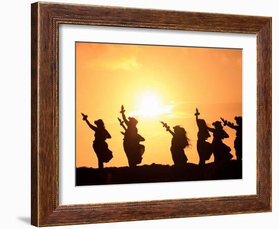 Silhouette of Hula Dancers at Sunrise, Molokai, Hawaii, USA-null-Framed Photographic Print