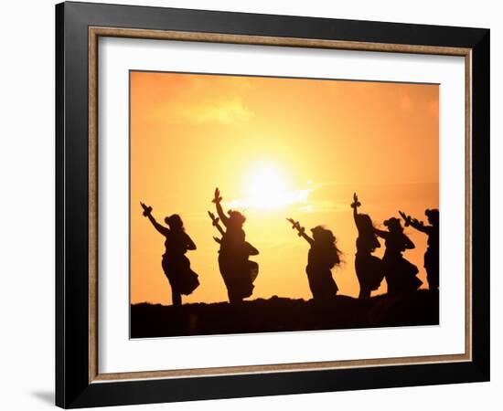 Silhouette of Hula Dancers at Sunrise, Molokai, Hawaii, USA-null-Framed Photographic Print