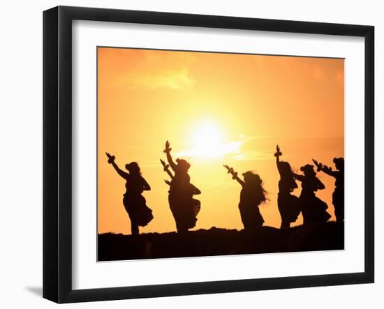 Silhouette of Hula Dancers at Sunrise, Molokai, Hawaii, USA-null-Framed Photographic Print