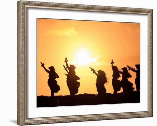 Silhouette of Hula Dancers at Sunrise, Molokai, Hawaii, USA-null-Framed Photographic Print