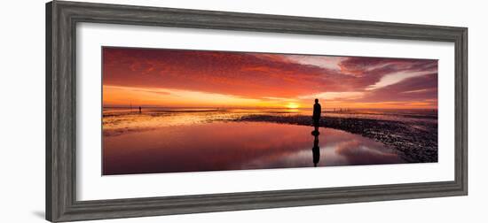 Silhouette of Human Sculpture on the Beach at Sunset, Another Place, Crosby Beach, Merseyside-null-Framed Photographic Print