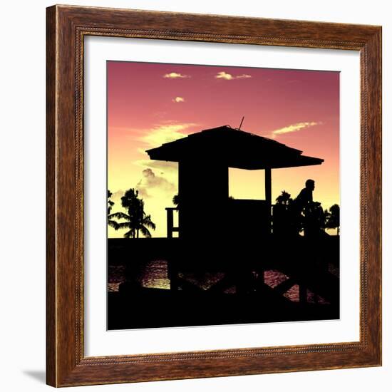 Silhouette of Life Guard Station at Sunset - Miami-Philippe Hugonnard-Framed Photographic Print